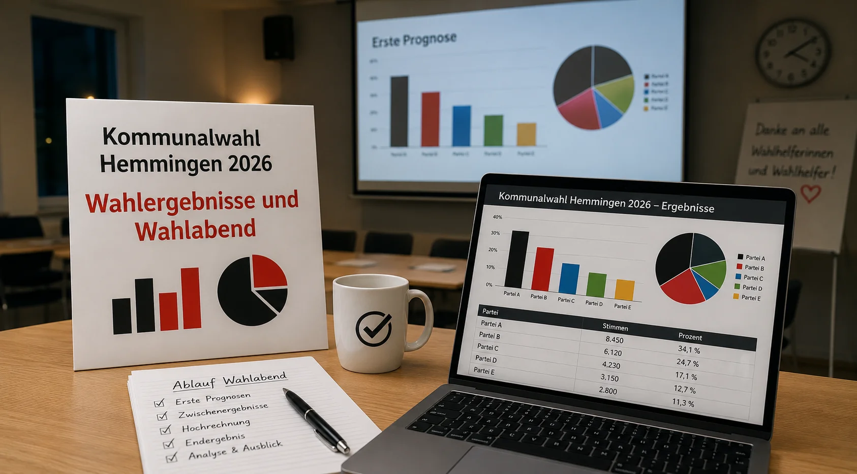 Auswertung der Wahlergebnisse am Wahlabend der Kommunalwahl Hemmingen 2026