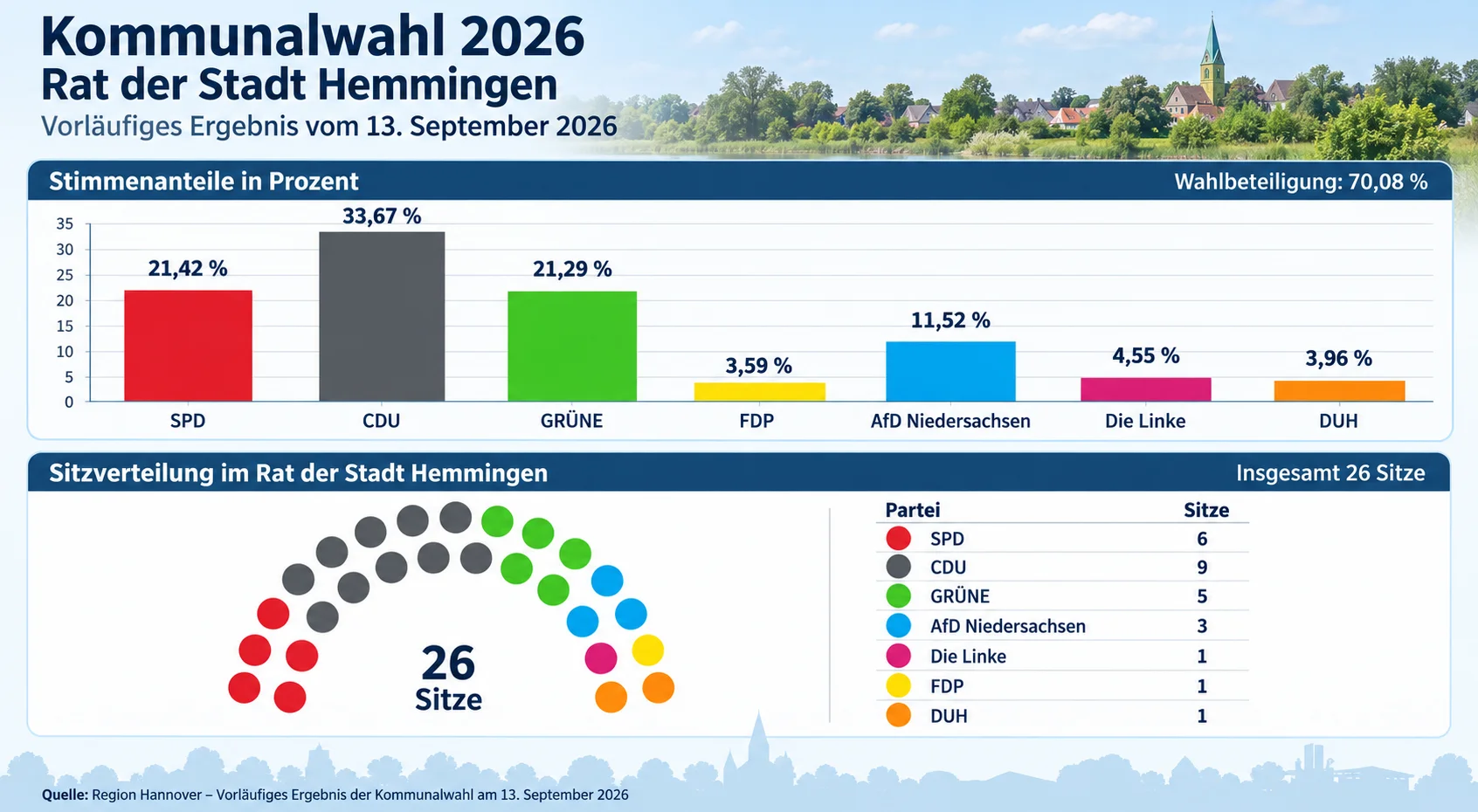 Stimmenanteile und Sitzverteilung nach der Stadtratswahl in Hemmingen 2026